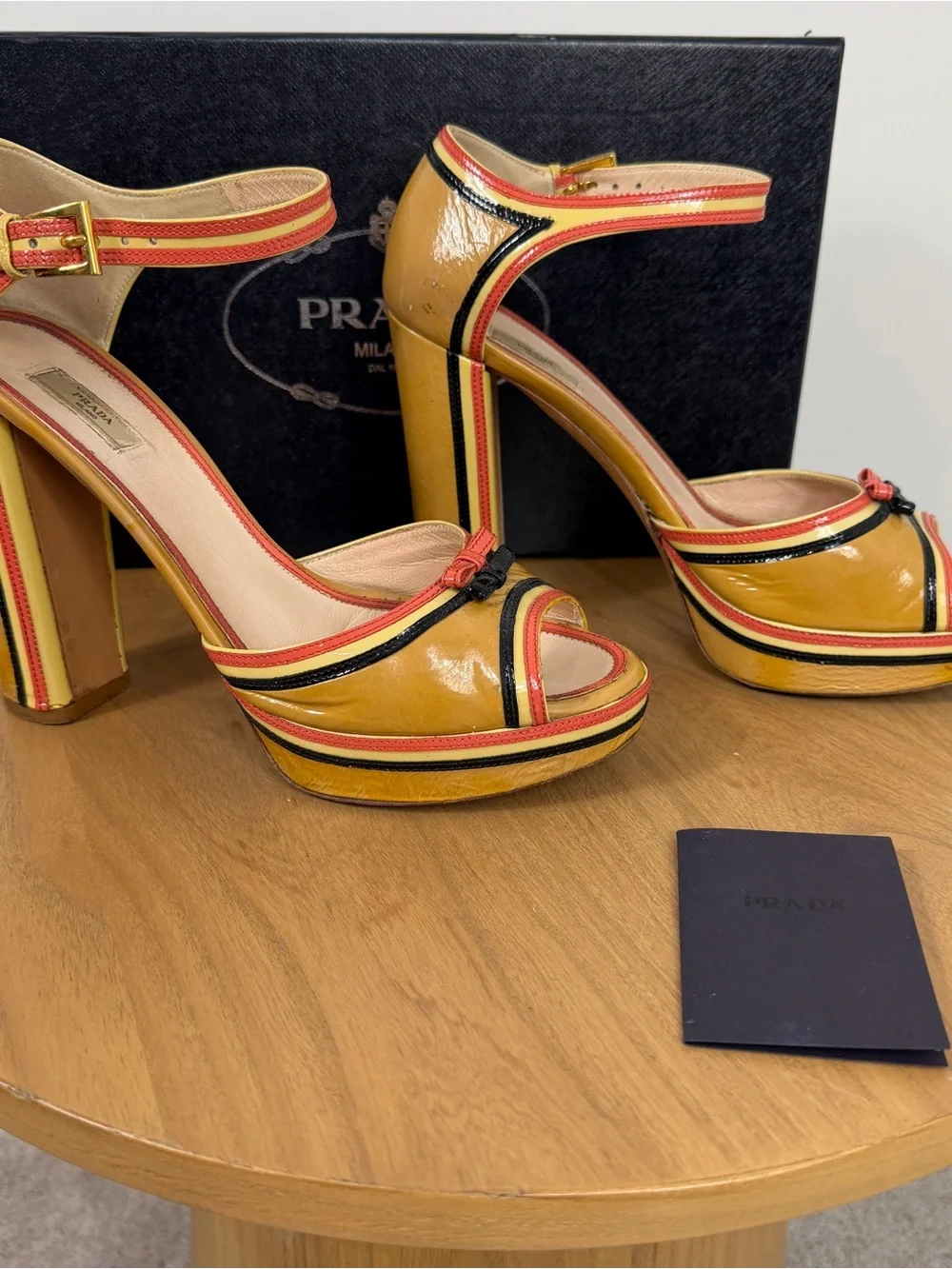 Prada Milano Patent Leather Tan Orange Black Bow Platform Heeled Sandals 39.5
